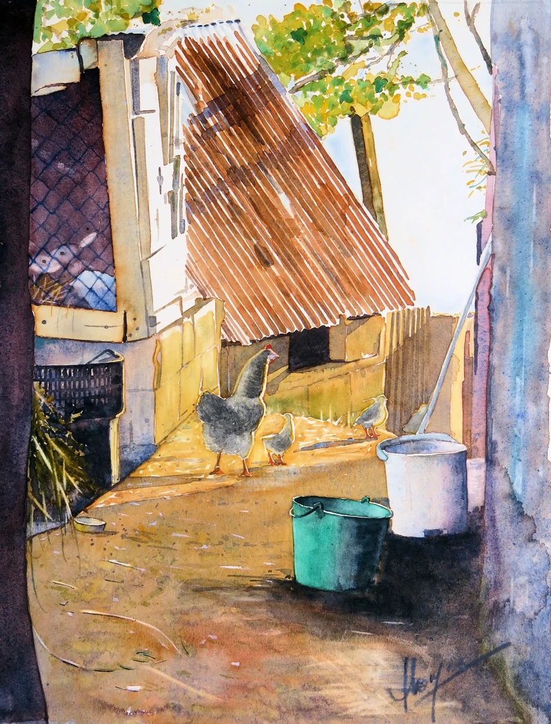 Le poulailler à Iloa     40x30     250€     Sur l'ile de Madère, tot le matin