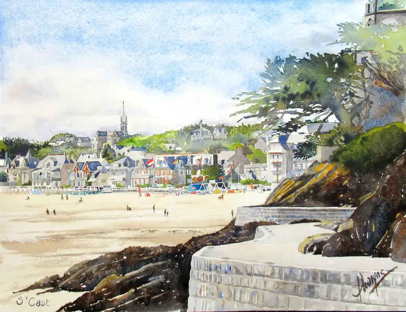 St Cast, front de mer, depuis la promenade du soleil levant.     50x50     350€     En arrière plan, les Mielles et l'église sur les hauteurs.