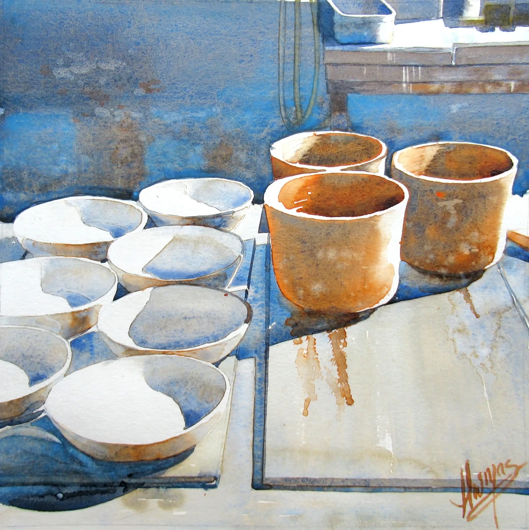 La poterie Crespel 1     40x40     250€     Belle lumière sur la production de la potière