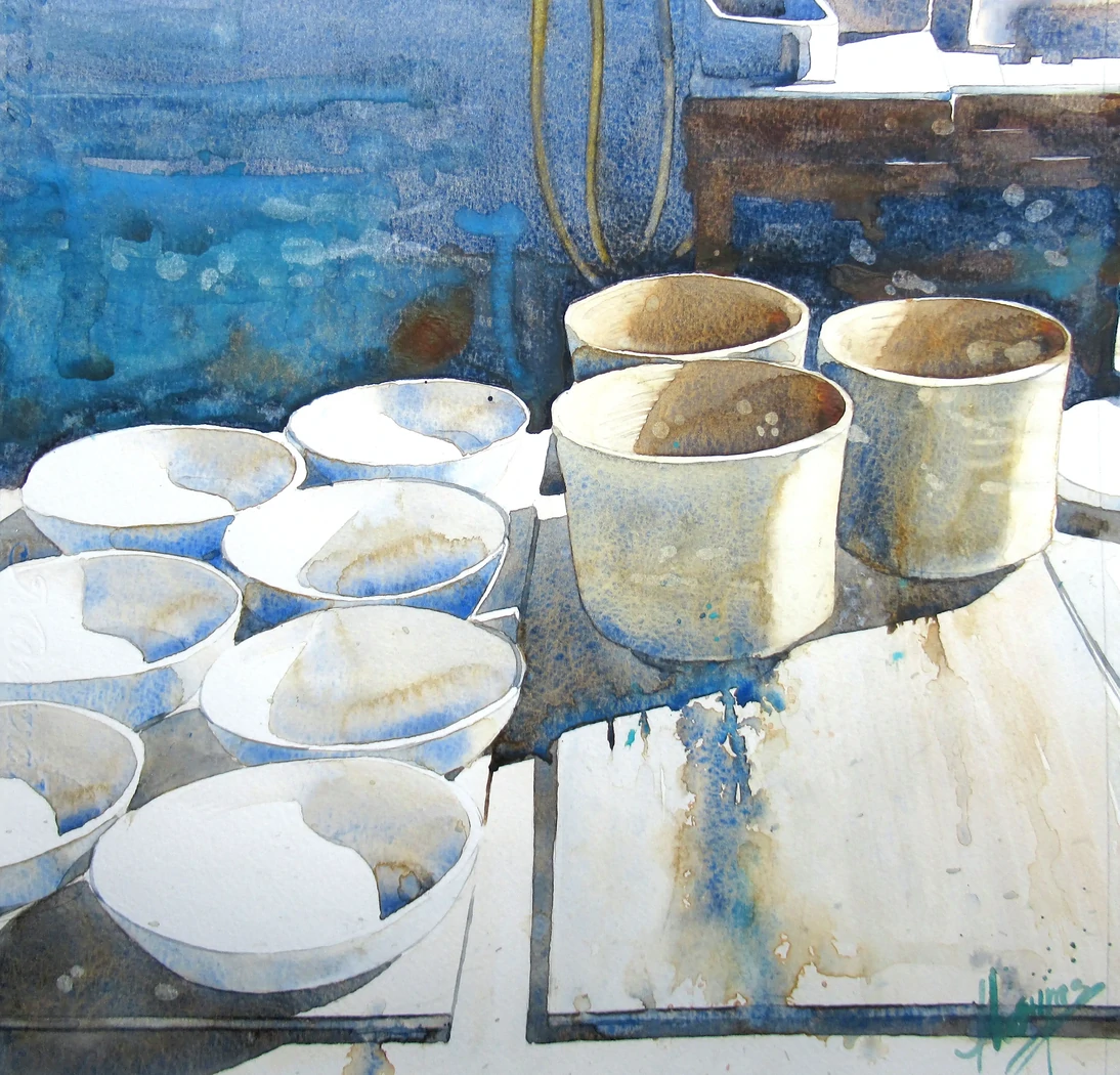 La poterie Crespel 3     40x40     250€     Belle lumière sur la production de la potière