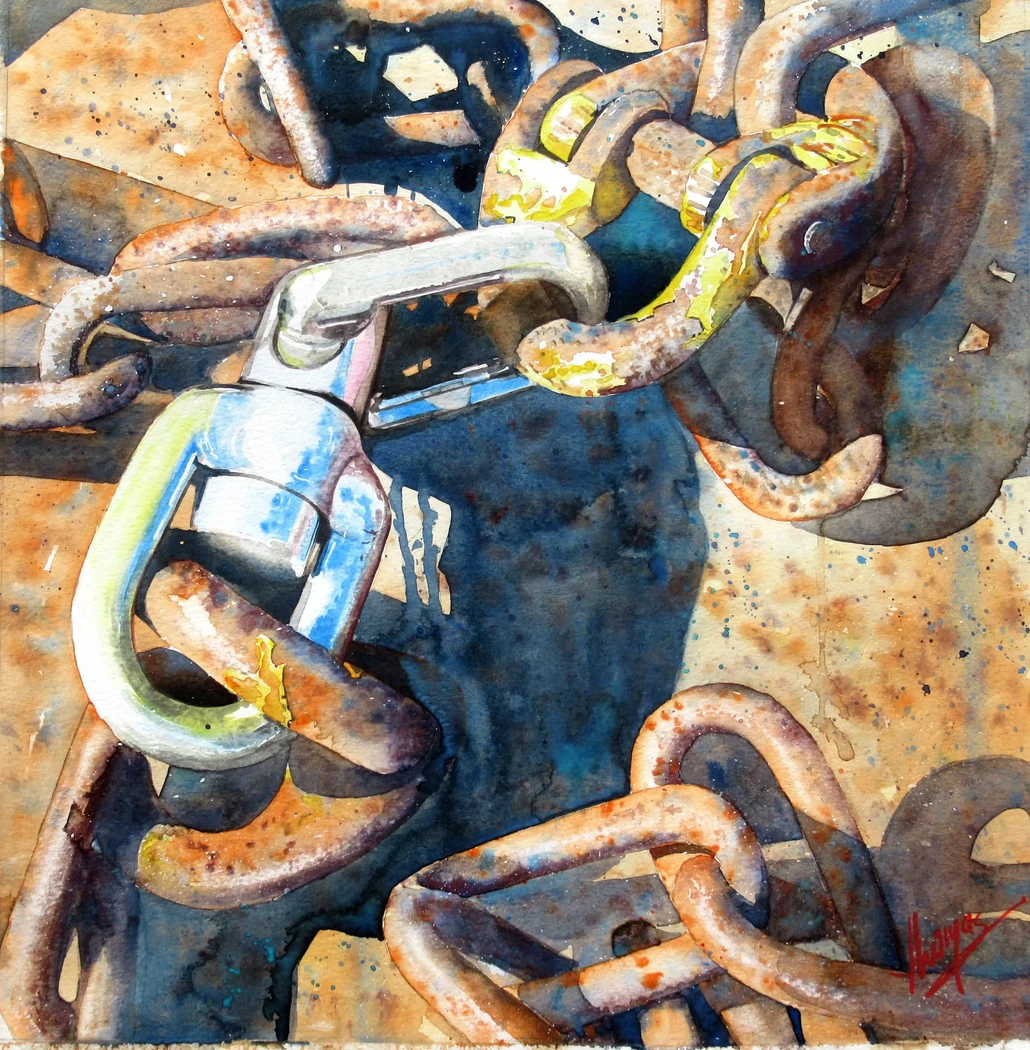 Chaînes au Croisic     50x50     350€     Contraste entre la rouille et l'inox, point focal du tableau