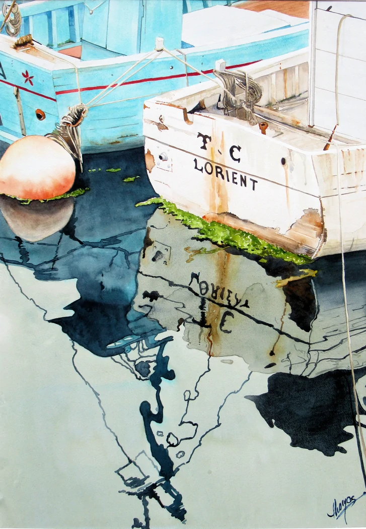 Reflets à Groix     60x80     500€     Aquarelle grand format autour de vieilles coques