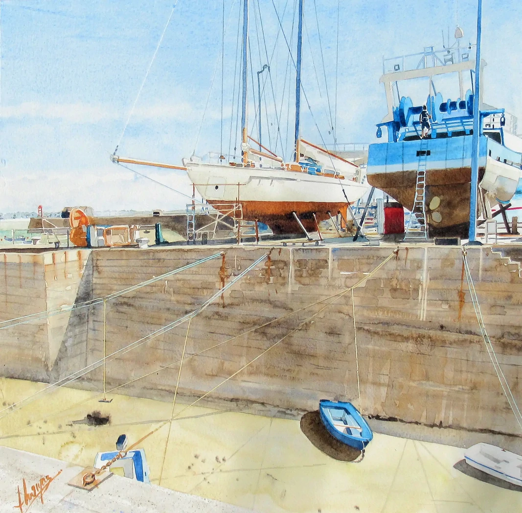 Granville, le port et ses bateaux au carénage     50x50     350€