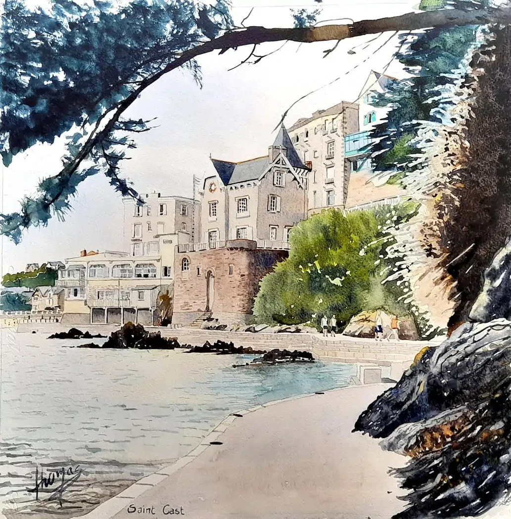 St Cast, la plage et le  Brise Lame      50x50     350€     vieille demeure castine.. Vue prise de la liaison piétonne
