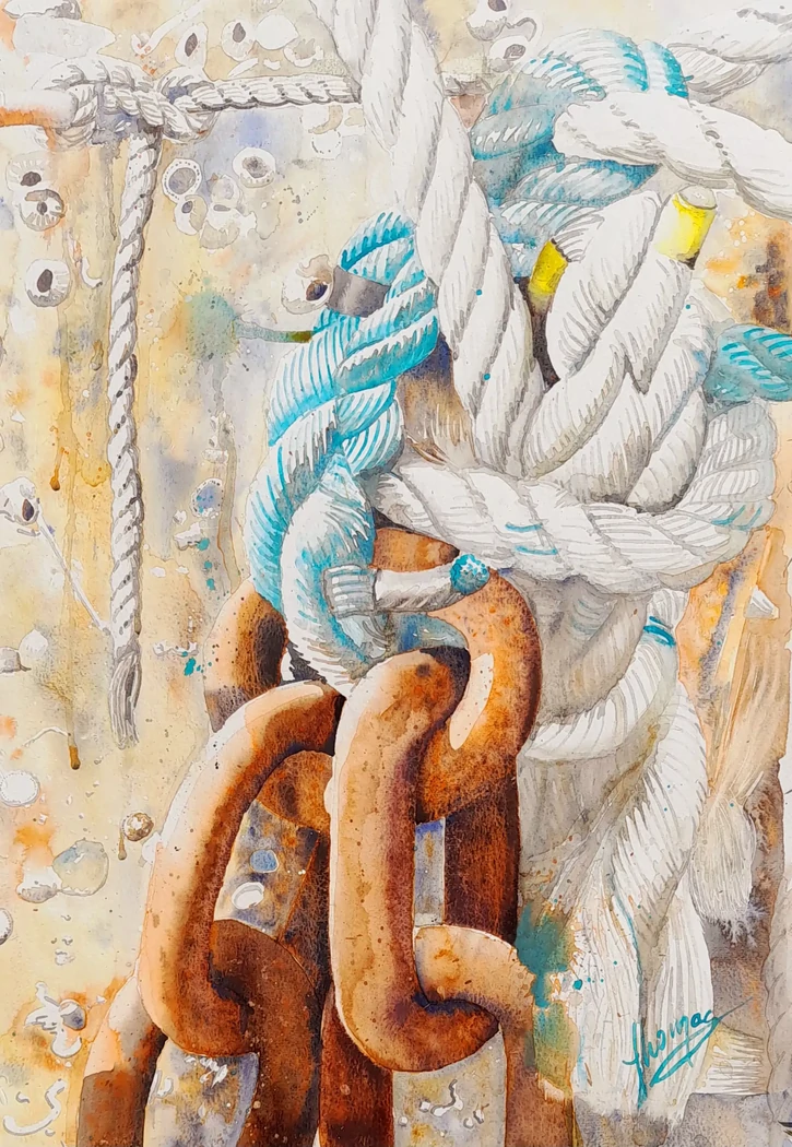 Sur la bouée du sémaphore     50x70     400€     Cordage blanc et turquoise contrastant avec la rouille de la chaîne