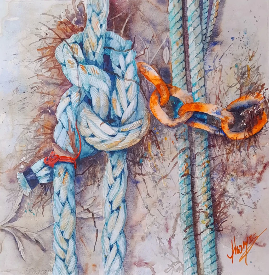 Le cordage bleu     70x70     450€     Le contraste entre le bleu turquoise du cordage et l'orange de la rouille. Anse de St Briac
