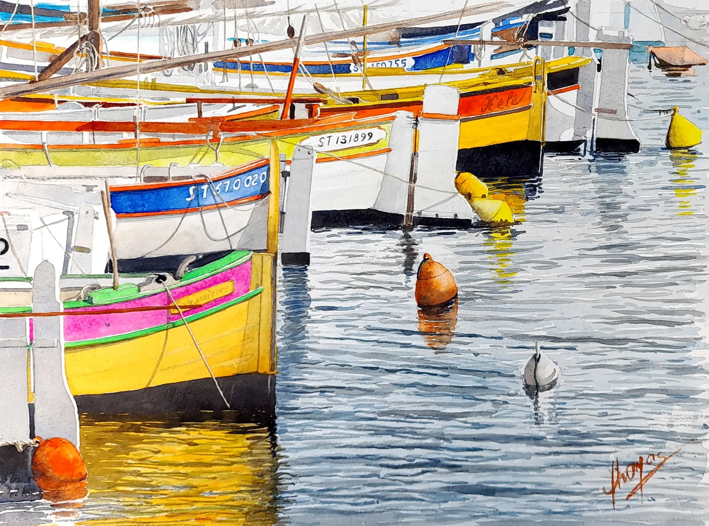 Dans le port de Sète     40x50     250€     Aquarelle très colorée de Dominique Thomas