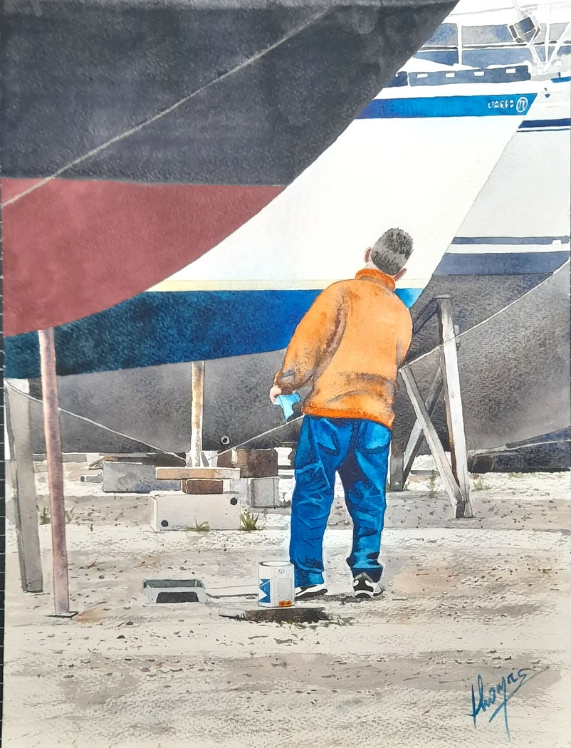 On repeint la coque     40x50     250€     Aquarelle de Dominique Thomas , peinture de la coque à la cale de la Landriais