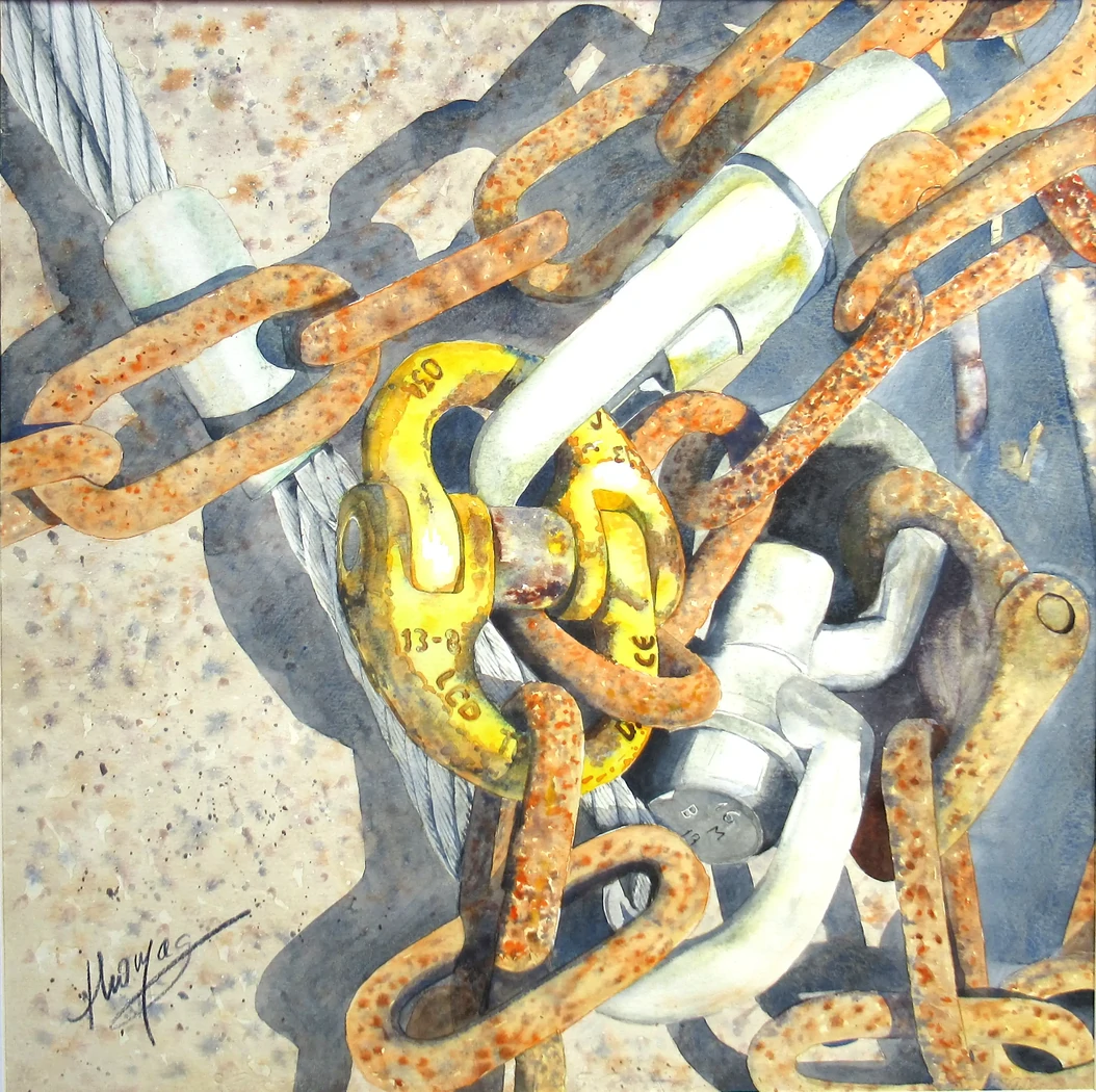Chaînes à Loctudy     70x70     450€     Tableau du peintre Dominique Thomas - Aquarelle autour de la rouille et des filins en inox